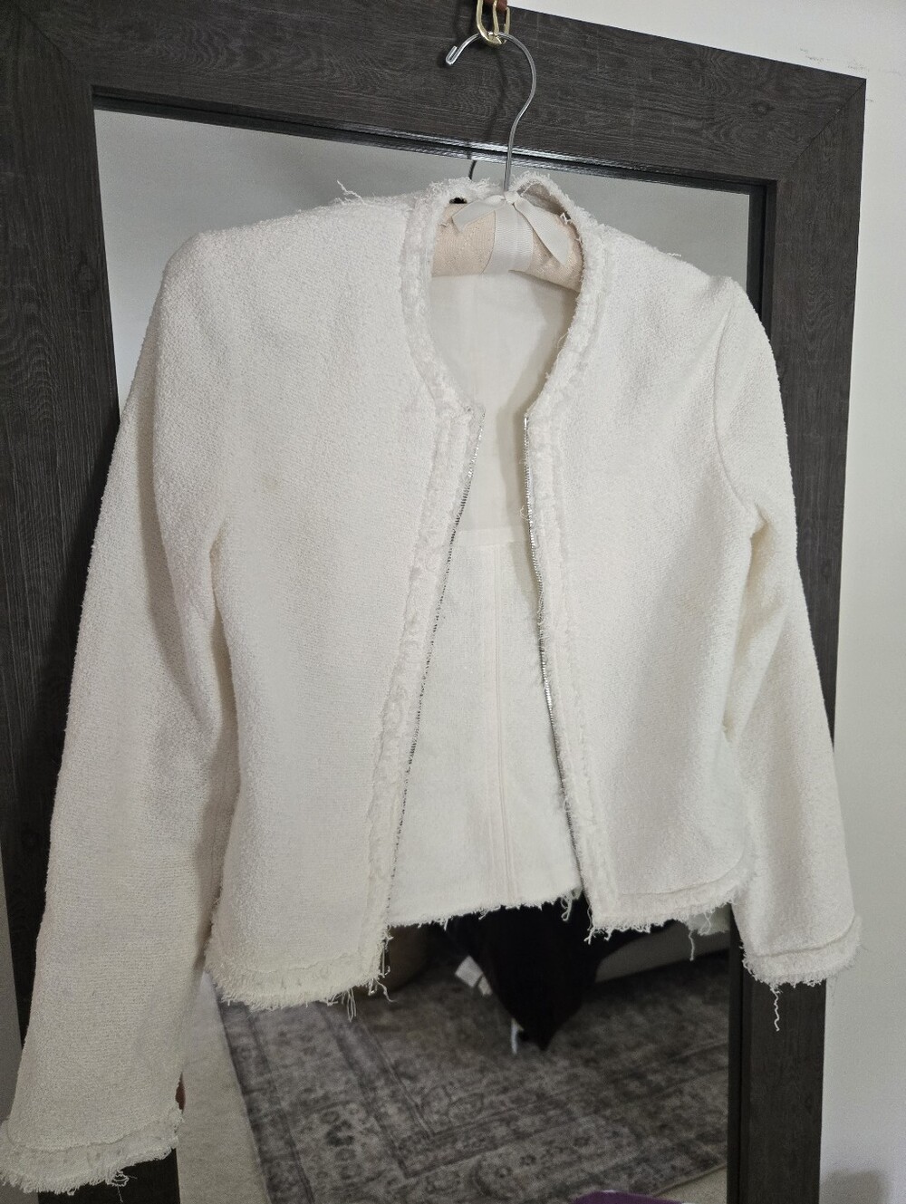 Theory Ivory Bouclé Cotton Linen Fringe Collarless Zip Jacket Size M